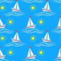 Vector seamless pattern of ship at sea, sailboats, speedboat, yacht, sailboat, cruiser. Sea marine travel background for fabric