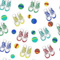 Vector seamless pattern. shoes, fashionable sneakers, comfortable casual shoes. Bright sports and children`s balls. Sport concept.