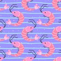 Vector seamless pattern with shrimps with fish. Modern nautical design perfect for seafood packaging, kitchen textiles, wallpapers Royalty Free Stock Photo