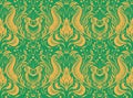 Vector seamless pattern with silhouetted Victorian ornament. Vintage damask in yellow and green tones. Floral texture