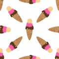 Vector seamless pattern of a simple flat ice cream cone. Melted cream, chocolate, strawberry ice cream with powdered sugar Royalty Free Stock Photo