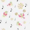 Vector seamless pattern with singing birds, musical notes, instruments maracasas and triangles, dots.