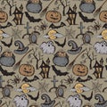 Vector seamless pattern with sketch Halloween characters Royalty Free Stock Photo