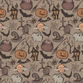 Vector seamless pattern with sketch Halloween characters