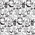 Vector seamless pattern with sketch Halloween characters Royalty Free Stock Photo