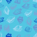 Vector seamless pattern sketch of seashells ion blue background. Hand-drawn sea animals. Royalty Free Stock Photo