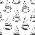 Vector seamless pattern with sketch style hand drawn cups of coffee or tea with steam. Simple monochrome background. Royalty Free Stock Photo