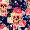 Vector seamless pattern with skull and flowers