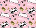 Vector seamless pattern with sleep masks. Panda bear with crown and cute white cat. Cartoon animals background