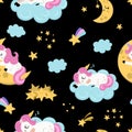 Vector seamless pattern with sleeping unicorns. Repeat background with fairytale characters, falling stars, moon, clouds. Fantasy Royalty Free Stock Photo