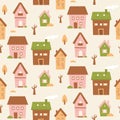 Vector seamless pattern with small houses on white background. Cute flat village cottages