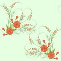 Vector seamless pattern with small pink flowers on a twig in a bouquet with bright red decorative flowers for textiles