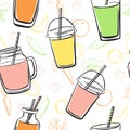 Vector seamless pattern with smoothies, fruits and vegetables Royalty Free Stock Photo