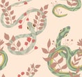 Vector seamless pattern with snakes and herbs. Animalistic texture with green serpents, stems and foliage on a beige background