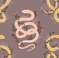 Vector seamless pattern with snakes and herbs. Animalistic texture with pink and yellow serpents, stems and foliage on a beige