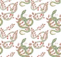 Vector seamless pattern with snakes and herbs on a white background. Animalistic texture with serpents and stems and foliage