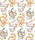 Vector seamless pattern with snakes and stems on a white background. Animalistic texture with curled serpents and herbs on a white