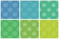 Vector seamless pattern. Snowflakes, hearts, flowers, strawberry. Green and blue color background. Winter, summer and spring