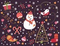 Vector Seamless pattern with snowflakes. Snowman, bullfinch, Christmas tree, Christmas toys