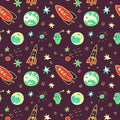 Vector seamless pattern with space rockets, planets and stars Royalty Free Stock Photo