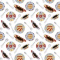 Vector seamless pattern of spoons and plates in Scandinavian style on a white background . Used for wallpapers, backgrounds, Royalty Free Stock Photo