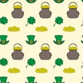 Vector seamless pattern St. Patrick s Day. Quatrefoil clover, leprechaun hat, pot of gold and a handful of coins Royalty Free Stock Photo