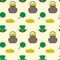 Vector seamless pattern St. Patrick s Day. Quatrefoil clover, leprechaun hat, pot of gold and a handful of coins