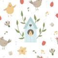 Vector seamless pattern with starling-house