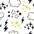 Vector seamless pattern with stars, clouds, lightning in hand drawn comic style.