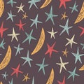 Vector seamless pattern with stars and moons. Endless brown background. Colored stars and moons. Use for wallpaper, print, pattern