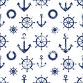 Vector seamless pattern. Steering wheel, life preserver, anchor. Creative geometric grunge background, nautical theme.