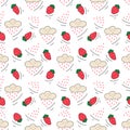 Vector seamless pattern with strawberry and rainy cloud in cartoon flat doodle style. Hand drawn fresh berry. Colorful