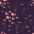 Vector seamless pattern with striped, red and white fishes, sea plants.