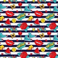 Vector seamless pattern with stripes and colorful stickers. Royalty Free Stock Photo