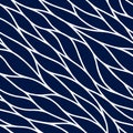 Vector seamless pattern. Stylish wavy line. Stripes twist on blue background. Repeating abstract waves curl. Curved swirl