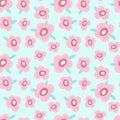 Vector seamless pattern with stylized delicate pink flowers with green leaves. The design is great for wallpapers