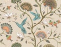 Vector seamless pattern with stylized flowers and birds. Blossom garden with hummingbirds and plants. Light floral