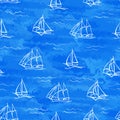 Vector seamless pattern of stylized watercolor waves and hand-drawn sailboats Royalty Free Stock Photo