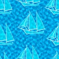 Vector seamless pattern of stylized watercolor waves and hand-drawn sailboats Royalty Free Stock Photo
