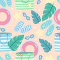 Vector seamless pattern with summer beach accessories. Tropical vacation by the sea. Vector illustration in flat style