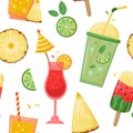 Vector seamless pattern with summer cocktails, ice cream and fruits. Summer holiday, vacation, travel. Background for summer