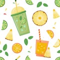 Vector seamless pattern with summer cocktails, juice and fruits. Summer holiday, vacation, travel. Background for summer concept, Royalty Free Stock Photo