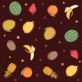 Vector seamless pattern with summer fruit outline doodles with watercolor effect. Lemons, pineapples, oranges, watermelons etc