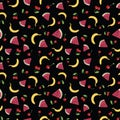 Vector seamless pattern with summer fruits on black background