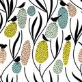 Vector seamless pattern. Summer mood. Plants and Birds.