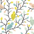 Vector seamless pattern. Summer mood. Plants and Birds.