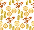 Vector seamless pattern with sunflower floral, birds and wheat