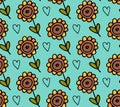 Vector seamless pattern with sunflower flower and hearts hand drawn doodle in simple childish cartoon style. Positive cute summer Royalty Free Stock Photo