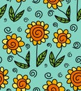 Vector seamless pattern with sunflower flower and spiral snail hand drawn doodle in simple childish cartoon style. Positive cute Royalty Free Stock Photo