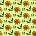 Vector seamless pattern with sunflower flower and spiral snail hand drawn doodle in simple childish cartoon style. Positive cute Royalty Free Stock Photo